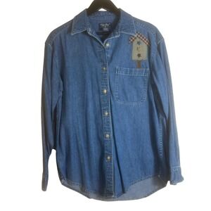 Vintage Eddie Bauer Denim Shirt Women's Small Birdhouse  Embroidered Long Sleeve